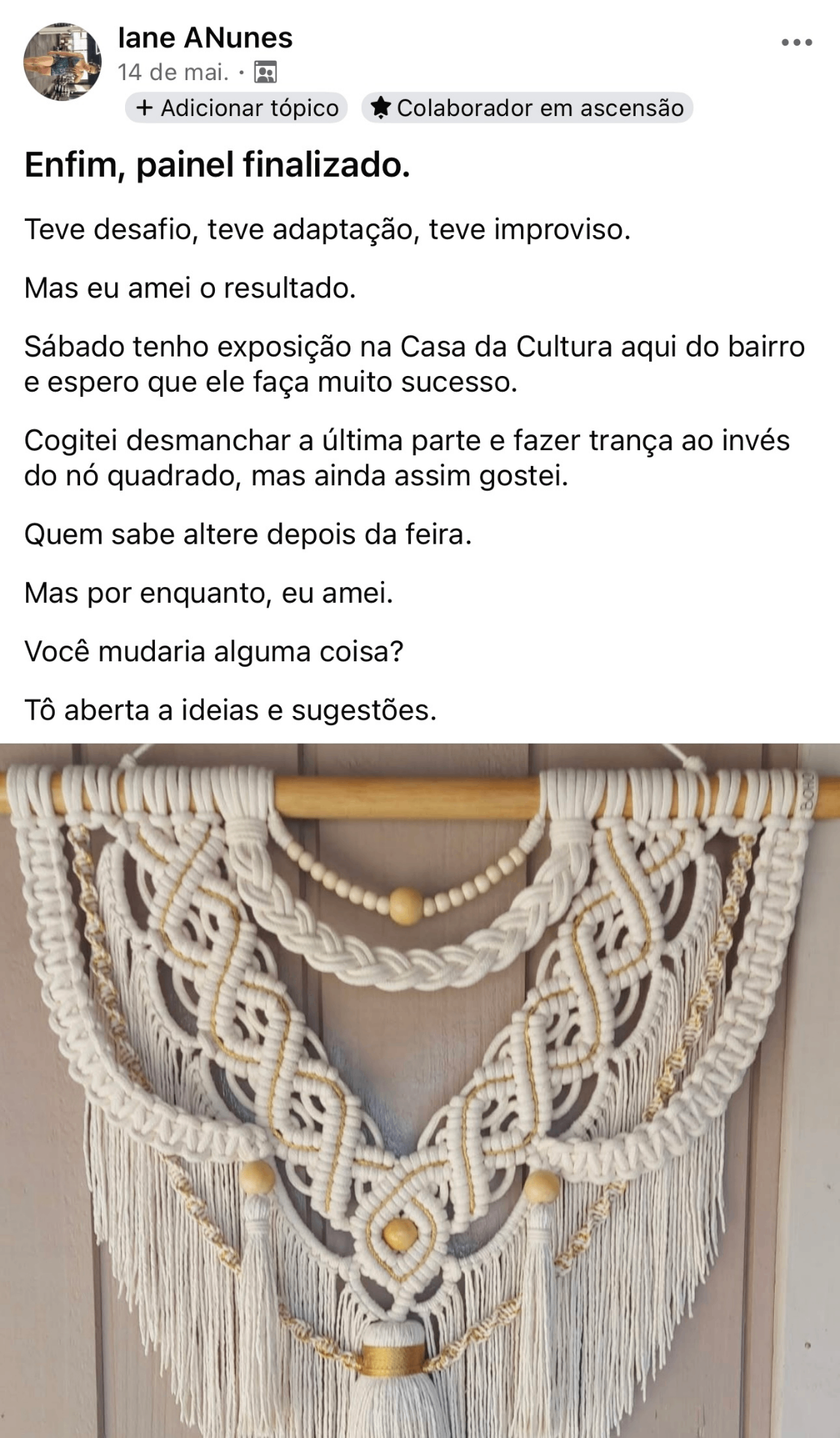 Painel de macramê feito por Iane Nunes, aluna de Giovanni Zorzal