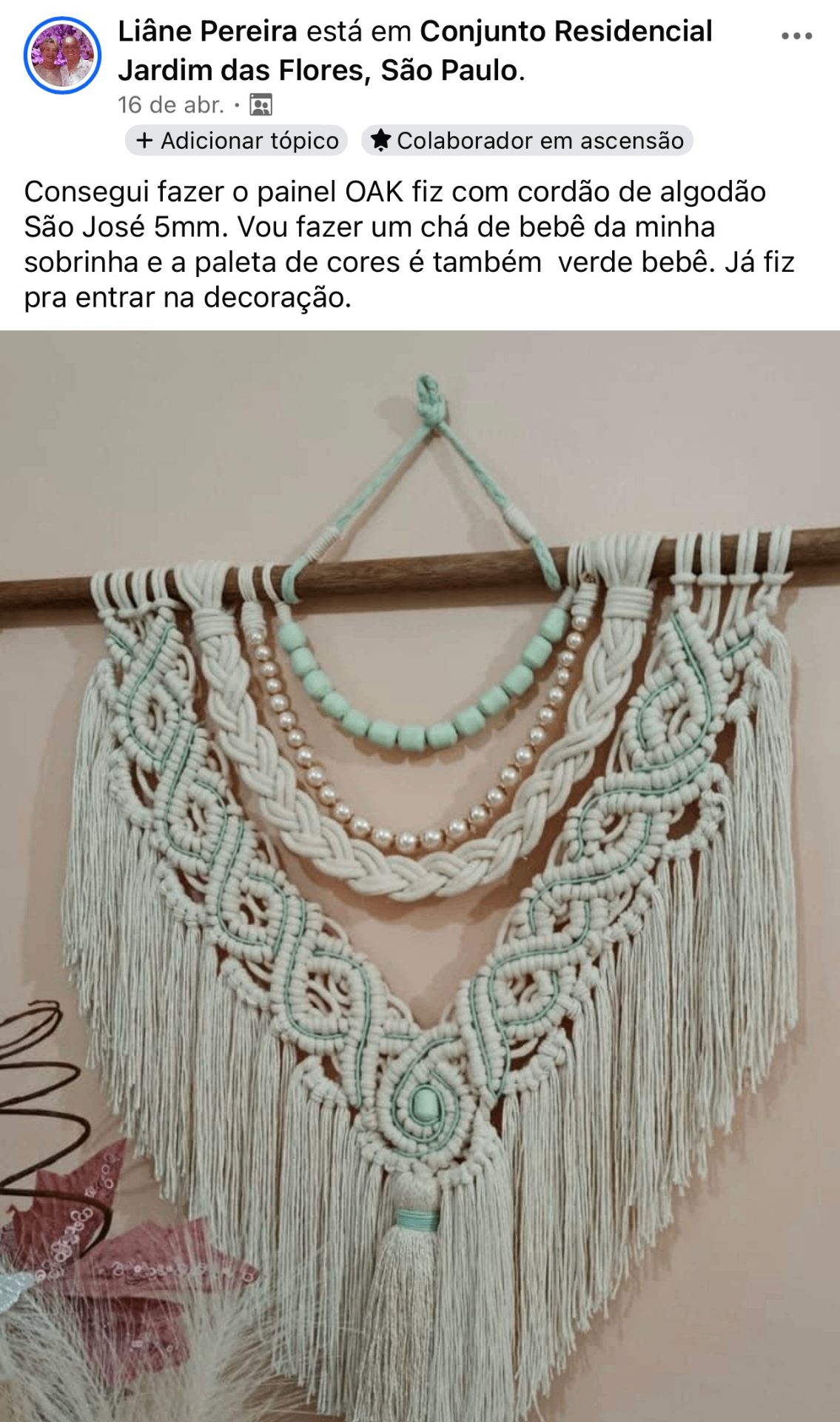 Painel de macramê feito por Liâne Pereira, aluna de Giovanni Zorzal